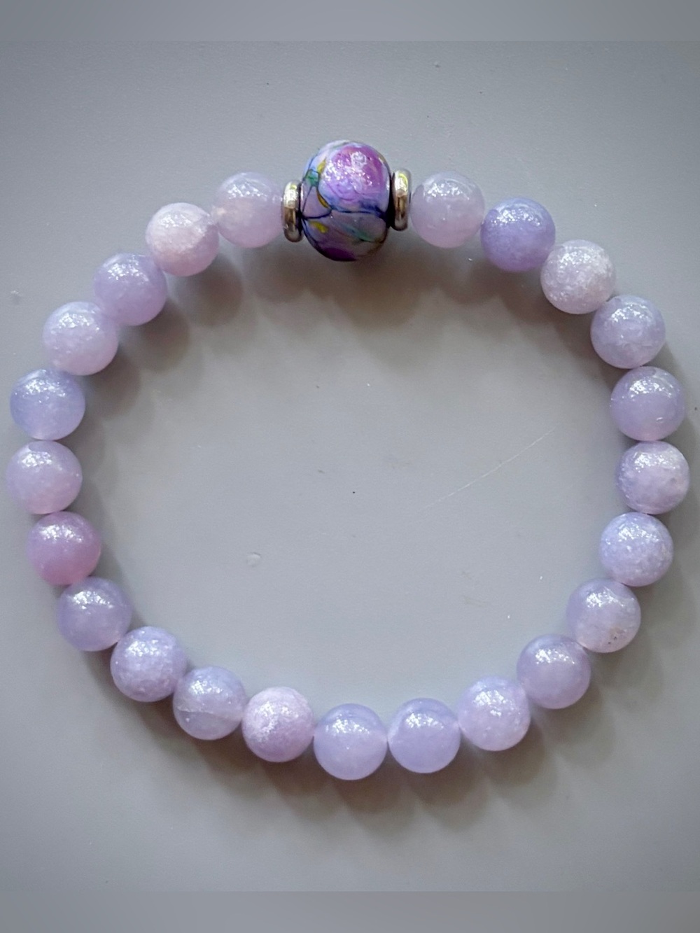 Light Purple Chalcedony and Blue Lampwork Bead Handcrafted Bead Bracelet